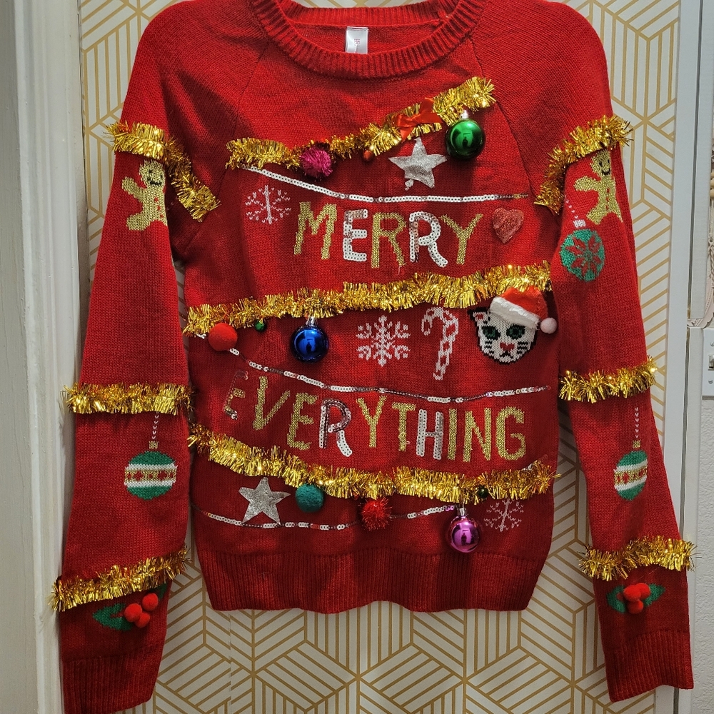 Merry Everything Cat Garland Tensel 3D Ornaments Ugly Christmas Sweater Slim Fit